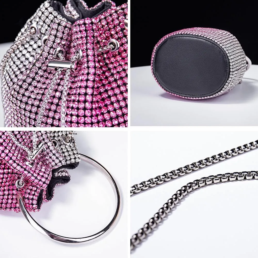 Rhinestone Evening Handbag Drawstring Shoulder Bling Purse Diamond Clutch Purse Party Wedding Prom Shopping Hot Pink