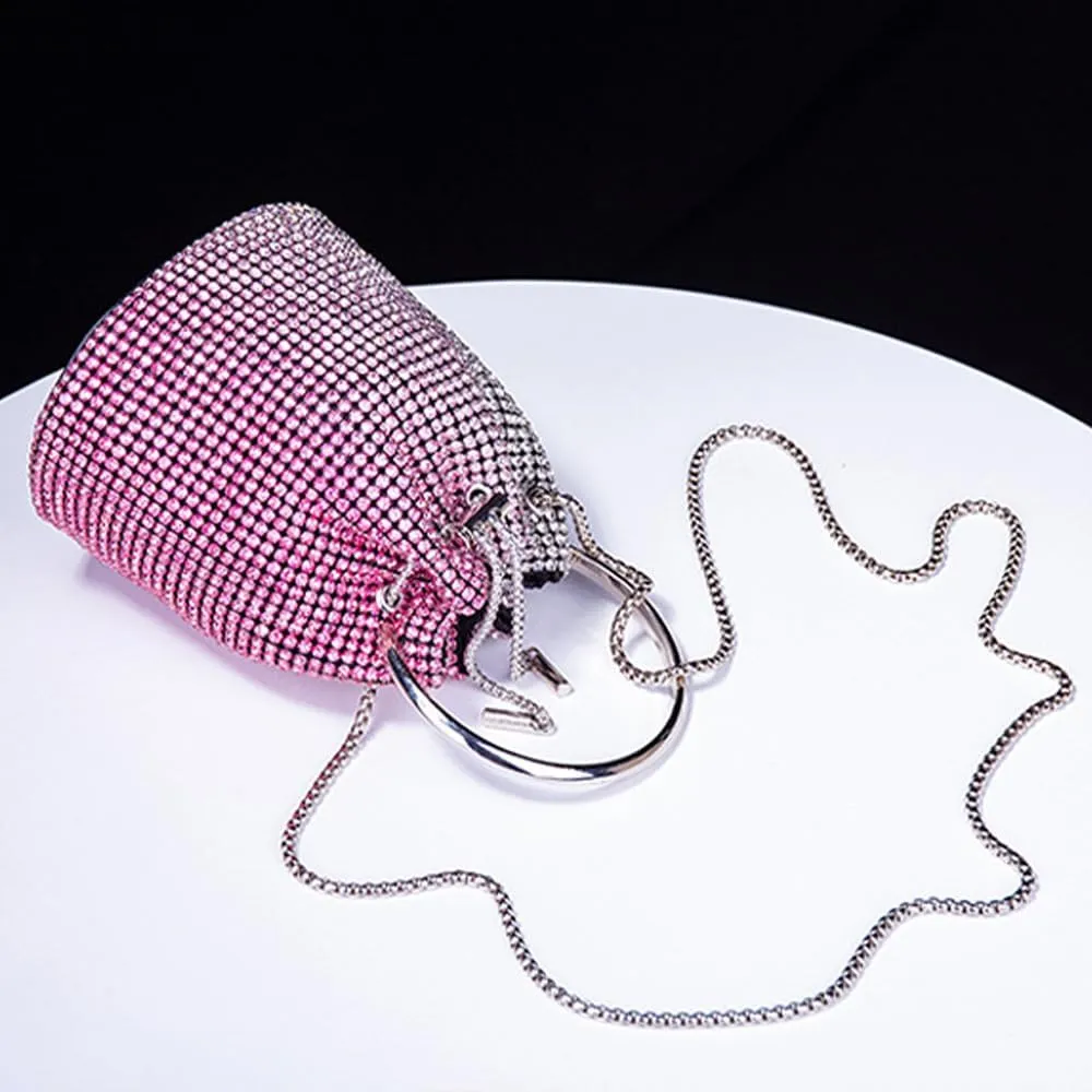 Rhinestone Evening Handbag Drawstring Shoulder Bling Purse Diamond Clutch Purse Party Wedding Prom Shopping Hot Pink