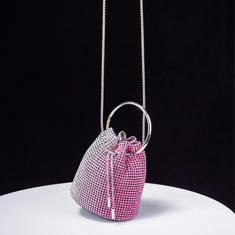 Rhinestone Evening Handbag Drawstring Shoulder Bling Purse Diamond Clutch Purse Party Wedding Prom Shopping Hot Pink