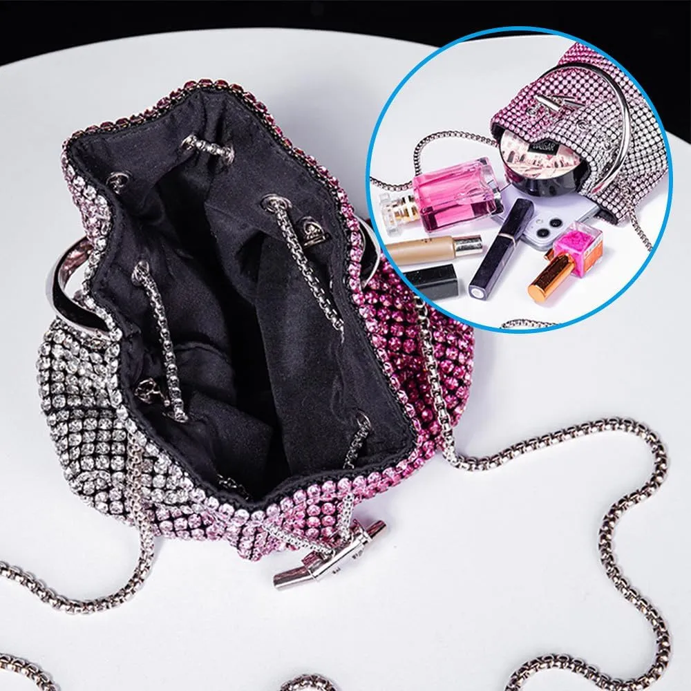 Rhinestone Evening Handbag Drawstring Shoulder Bling Purse Diamond Clutch Purse Party Wedding Prom Shopping Hot Pink