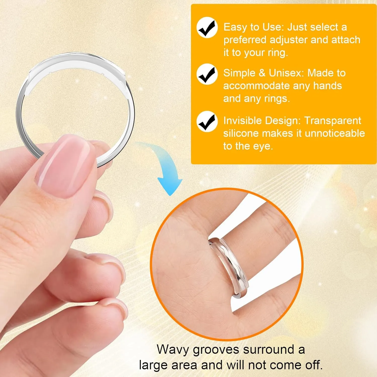 Ring Sizers for Loose Rings, 14 Pack Invisible Ring Size Adjuster Silicone, Ring Guards Spacer Tightener Resizer Fitter for Women Men, Make Ring Smaller Without Resizing Thick Band (Transparent-14PCS)