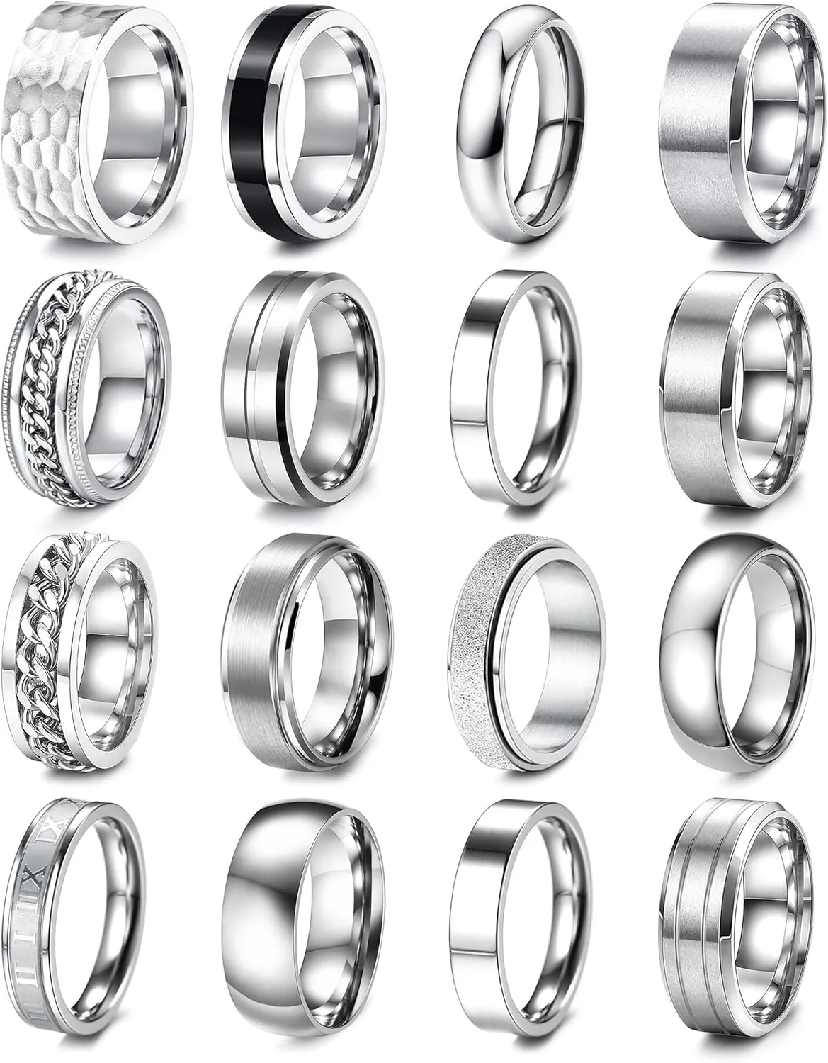 RIOSO 16Pcs Men's Stainless Steel Rings Cool Silver Band Ring for Women Men Simple Wedding Engagement Ring Set