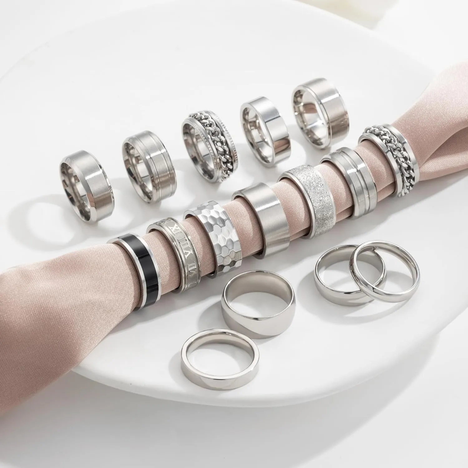 RIOSO 16Pcs Men's Stainless Steel Rings Cool Silver Band Ring for Women Men Simple Wedding Engagement Ring Set