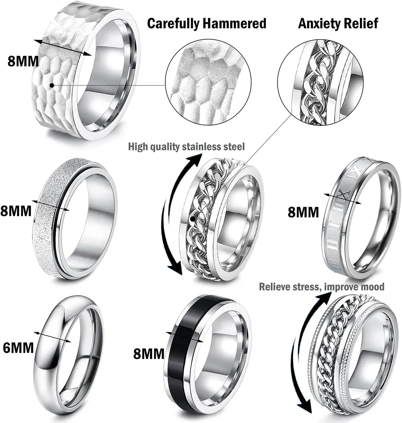 RIOSO 16Pcs Men's Stainless Steel Rings Cool Silver Band Ring for Women Men Simple Wedding Engagement Ring Set