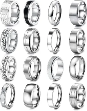 RIOSO 16Pcs Men's Stainless Steel Rings Cool Silver Band Ring for Women Men Simple Wedding Engagement Ring Set