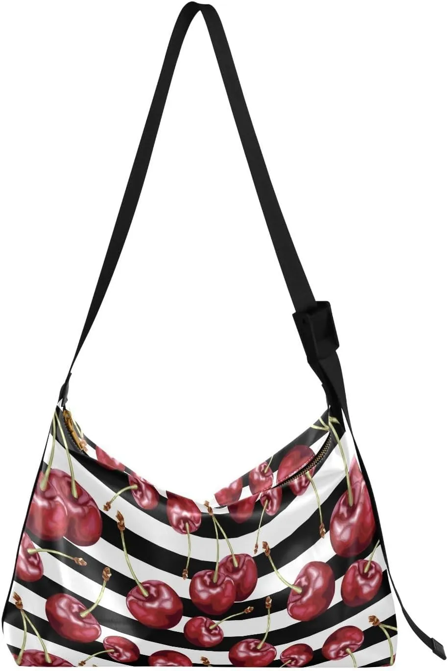 Ripe Cherries on A Striped Hobo Crossbody Bags for Women Leather Large Shoulder Bag Cross Body Red Fruit Trendy Womens Tote Bags Handbag for Travel Shopping