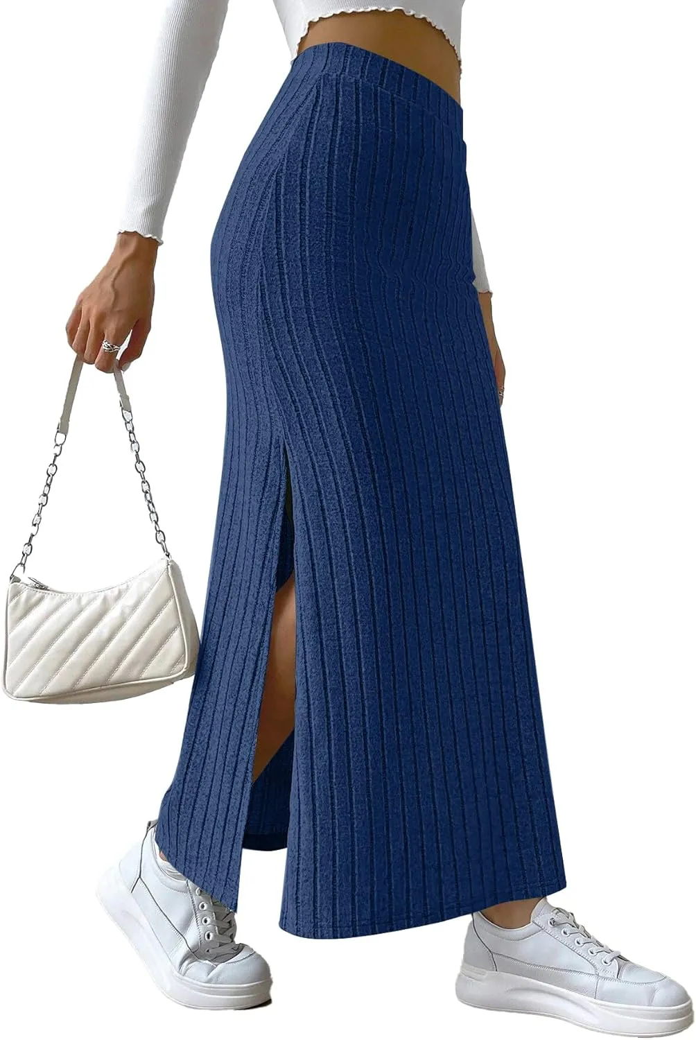 Rooscier Women's Side Slit Ribbed Knit Bodycon High Waisted Casual Long Skirts