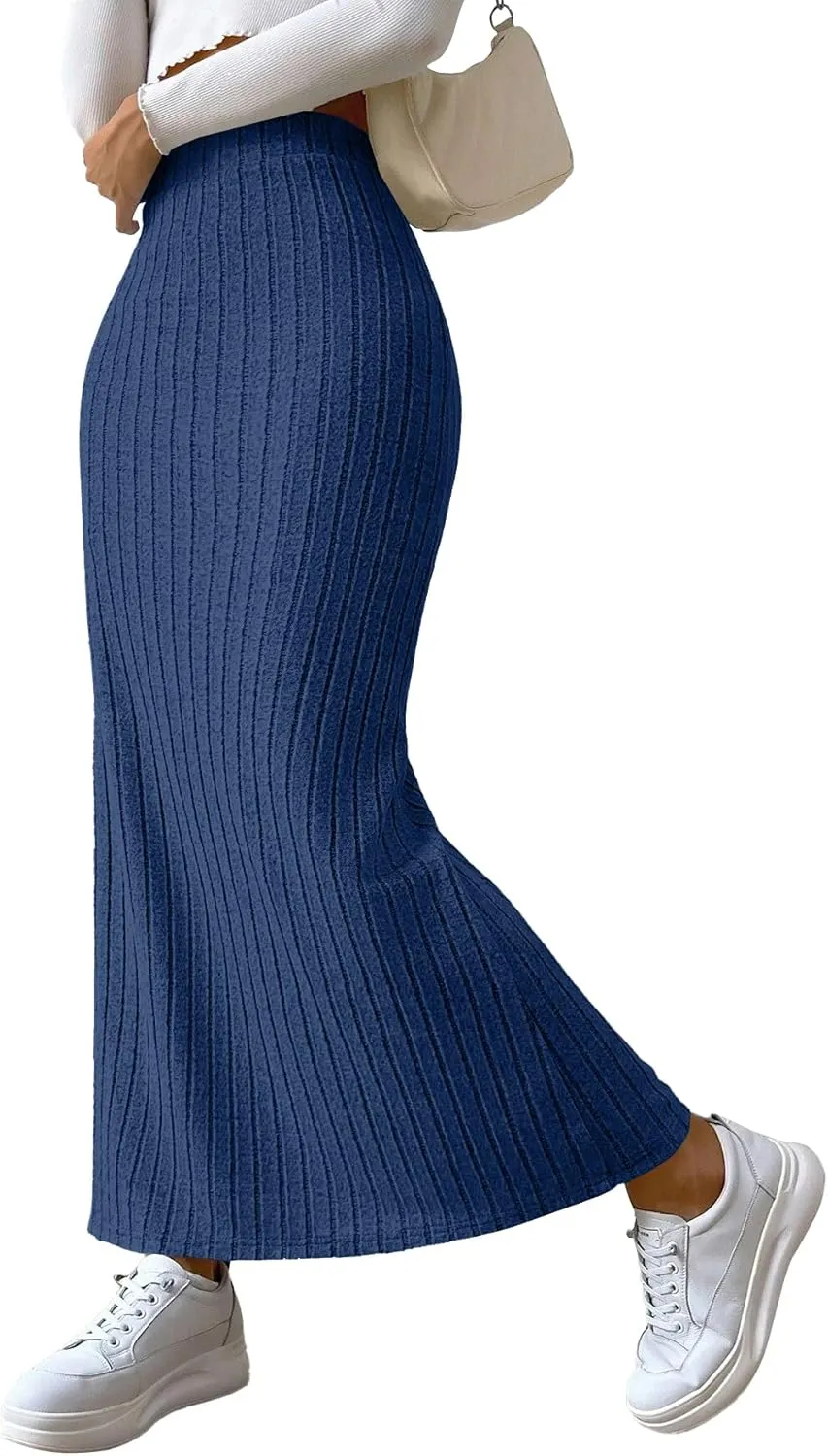 Rooscier Women's Side Slit Ribbed Knit Bodycon High Waisted Casual Long Skirts