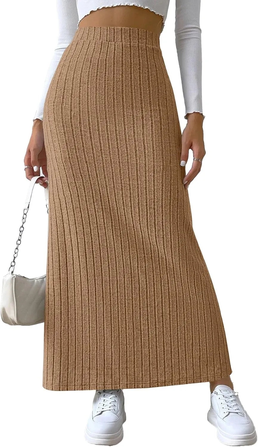 Rooscier Women's Side Slit Ribbed Knit Bodycon High Waisted Casual Long Skirts