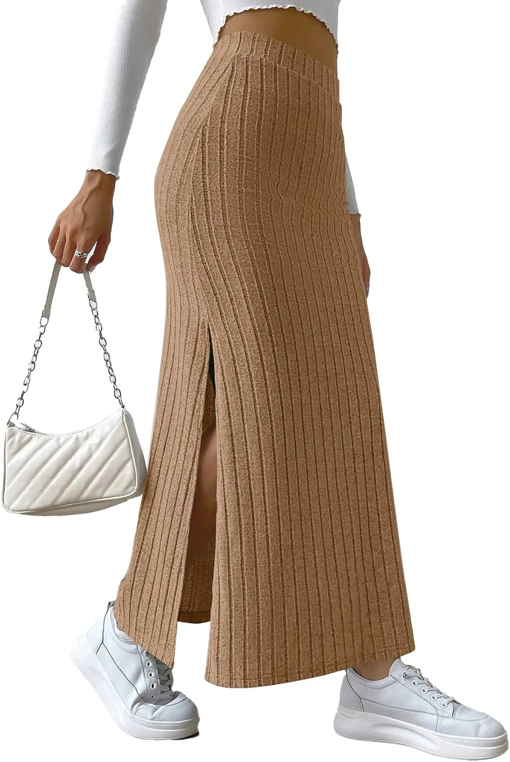 Rooscier Women's Side Slit Ribbed Knit Bodycon High Waisted Casual Long Skirts