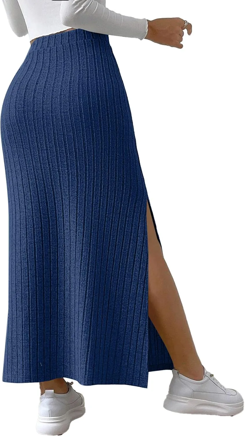 Rooscier Women's Side Slit Ribbed Knit Bodycon High Waisted Casual Long Skirts