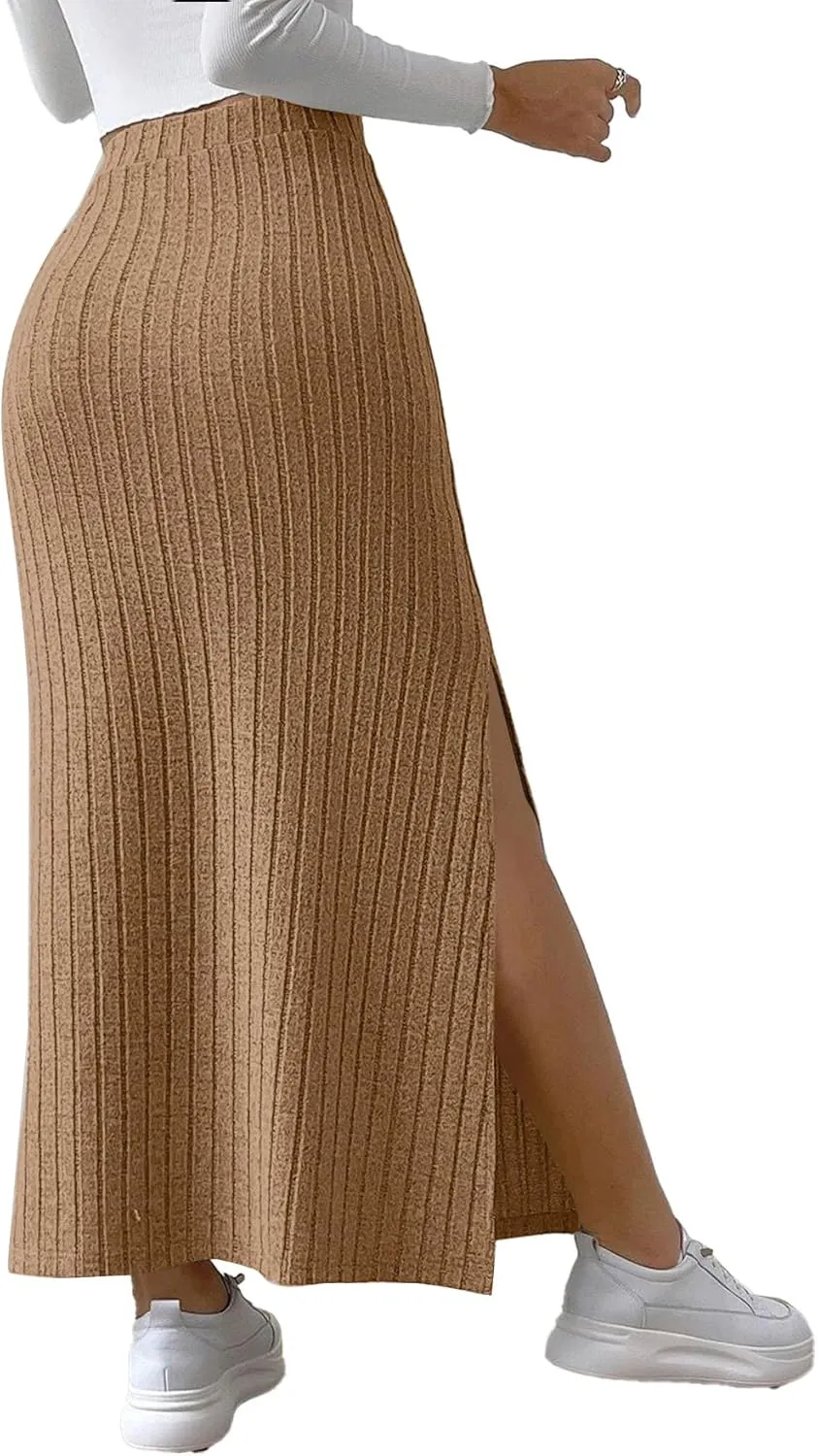 Rooscier Women's Side Slit Ribbed Knit Bodycon High Waisted Casual Long Skirts