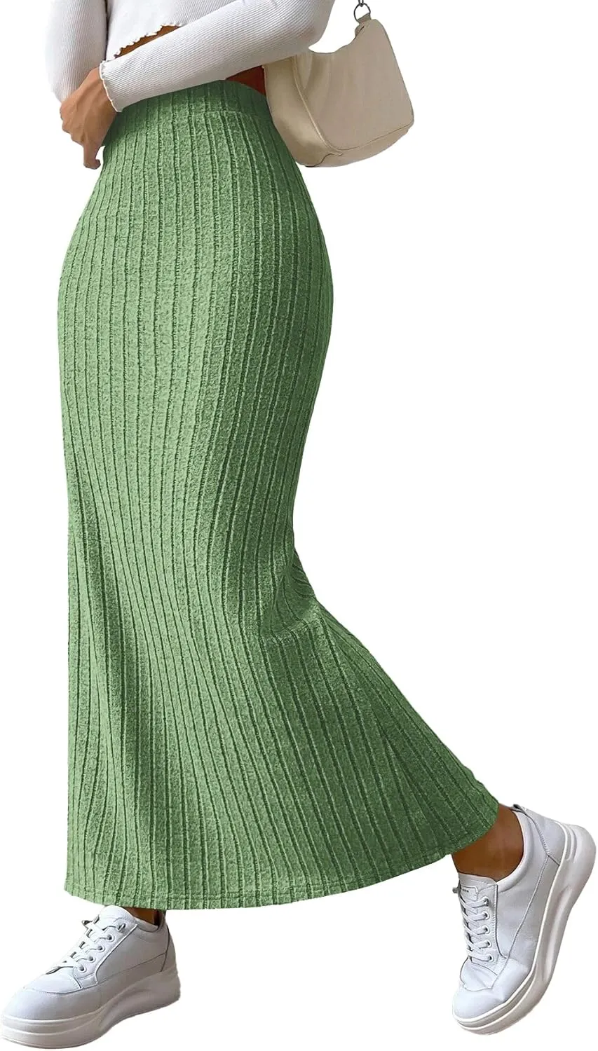 Rooscier Women's Side Slit Ribbed Knit Bodycon High Waisted Casual Long Skirts