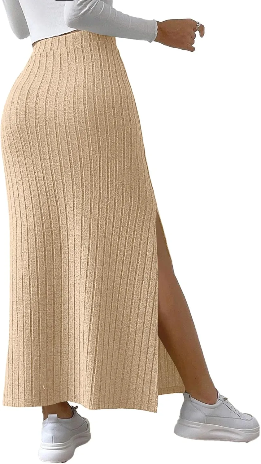 Rooscier Women's Side Slit Ribbed Knit Bodycon High Waisted Casual Long Skirts