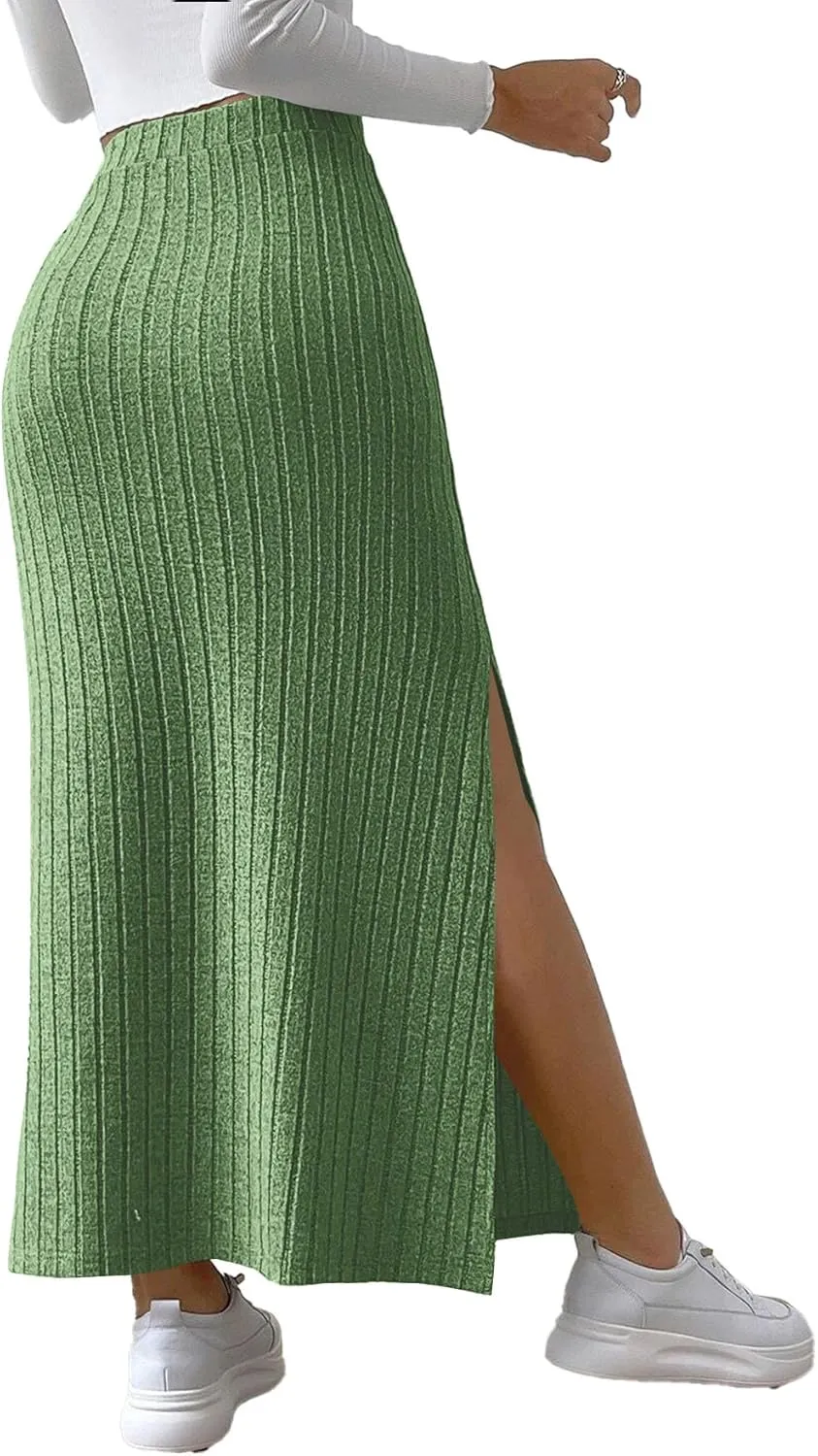 Rooscier Women's Side Slit Ribbed Knit Bodycon High Waisted Casual Long Skirts