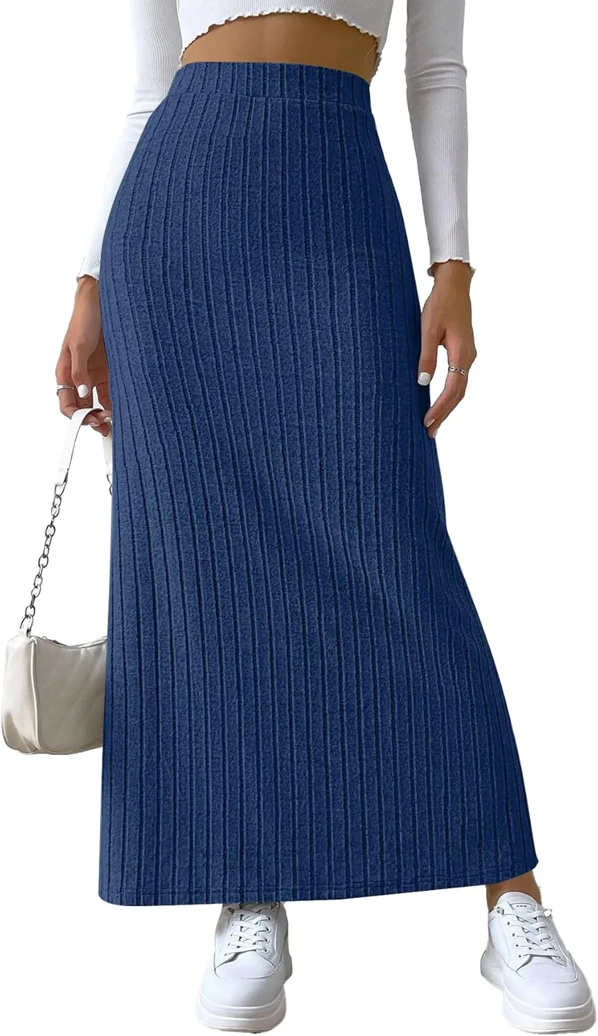 Rooscier Women's Side Slit Ribbed Knit Bodycon High Waisted Casual Long Skirts