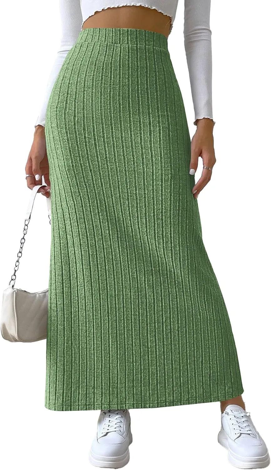 Rooscier Women's Side Slit Ribbed Knit Bodycon High Waisted Casual Long Skirts