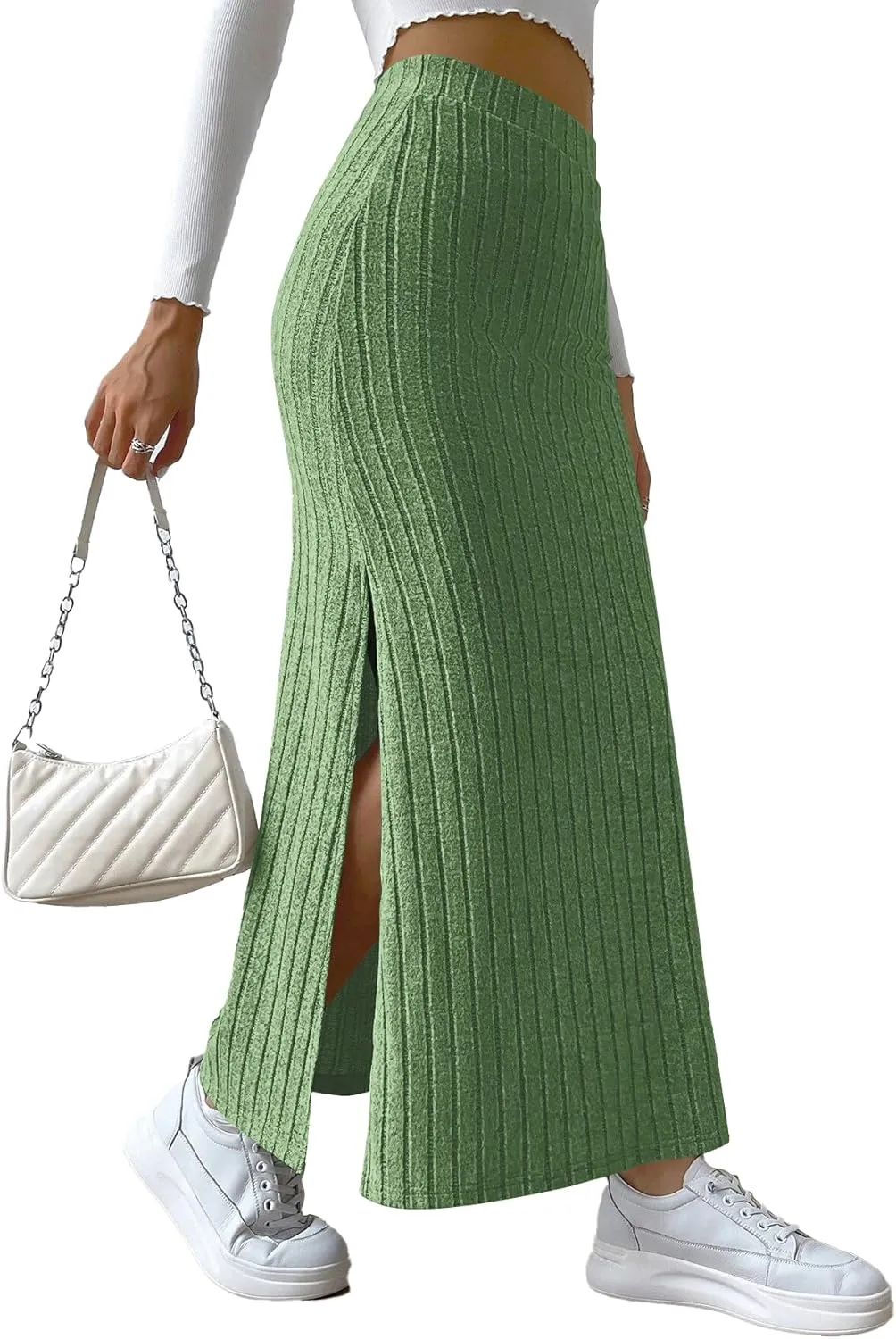 Rooscier Women's Side Slit Ribbed Knit Bodycon High Waisted Casual Long Skirts