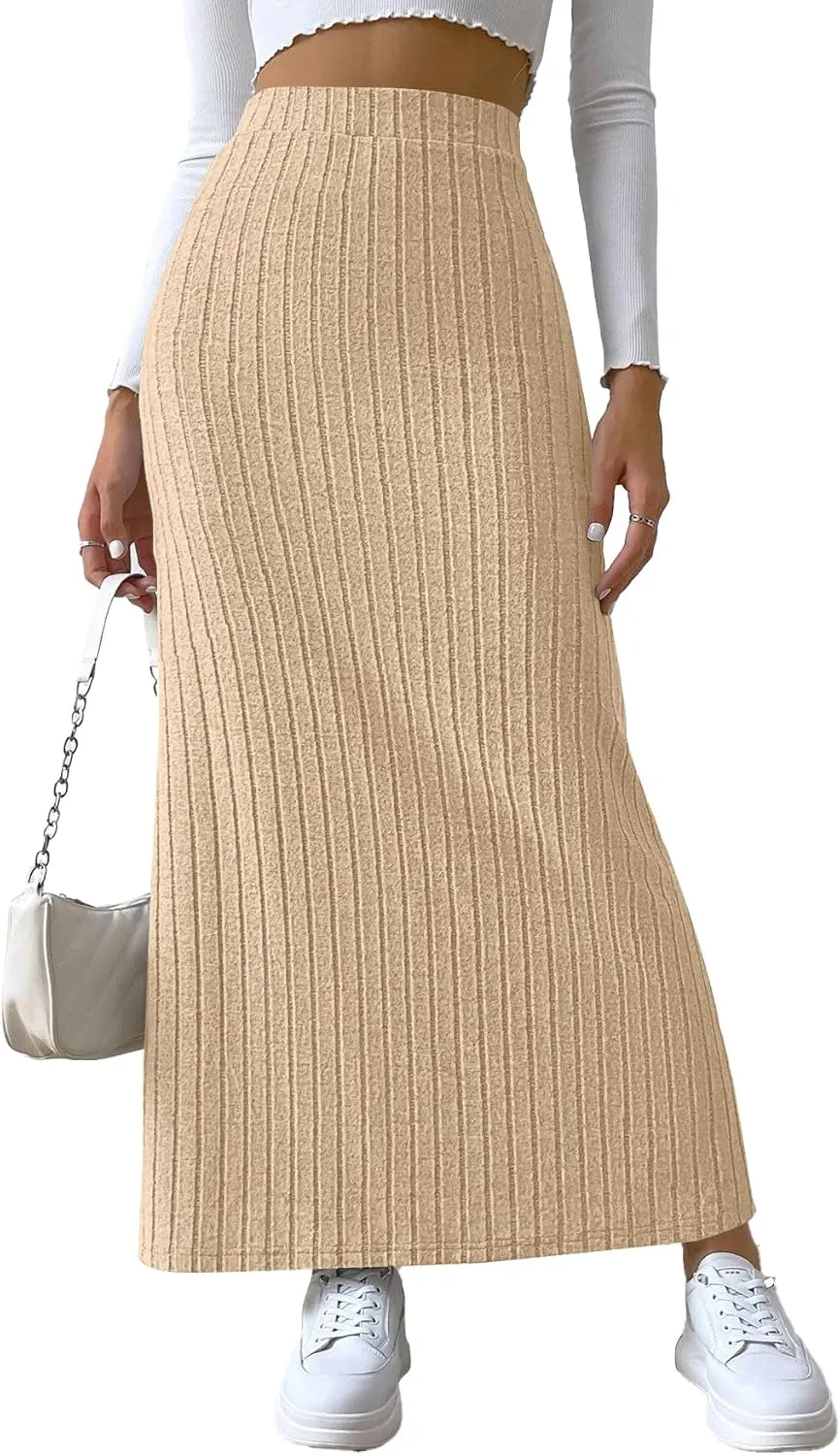 Rooscier Women's Side Slit Ribbed Knit Bodycon High Waisted Casual Long Skirts