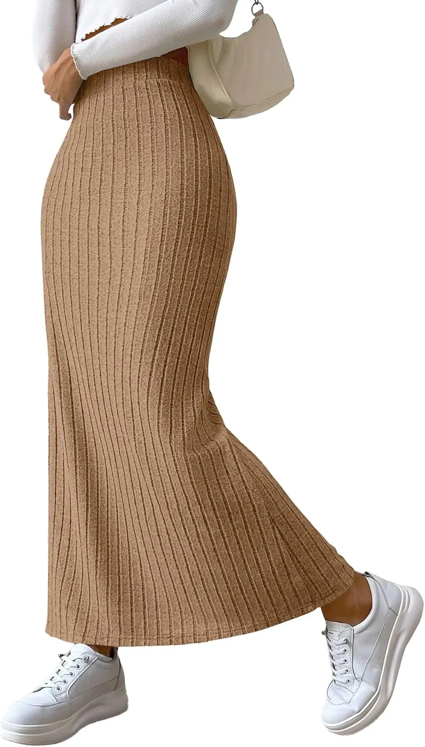 Rooscier Women's Side Slit Ribbed Knit Bodycon High Waisted Casual Long Skirts
