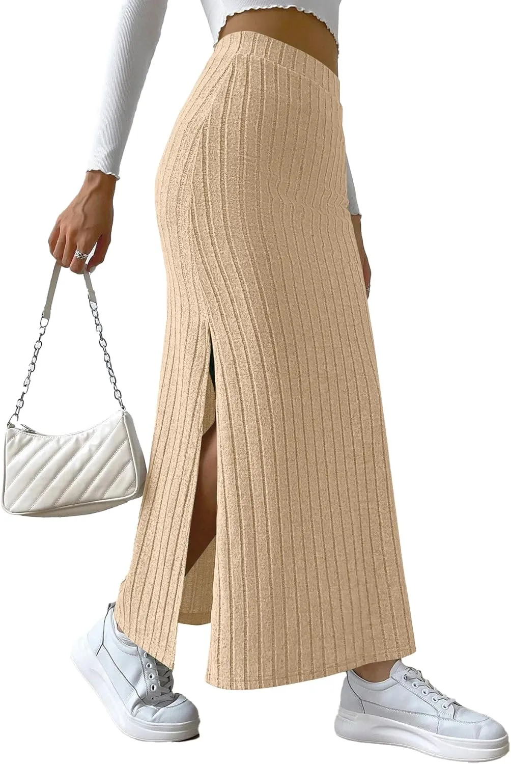 Rooscier Women's Side Slit Ribbed Knit Bodycon High Waisted Casual Long Skirts