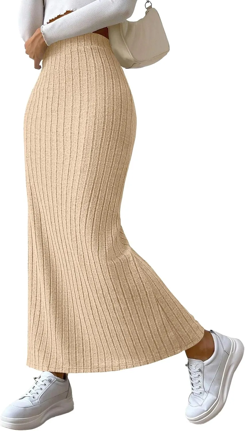 Rooscier Women's Side Slit Ribbed Knit Bodycon High Waisted Casual Long Skirts