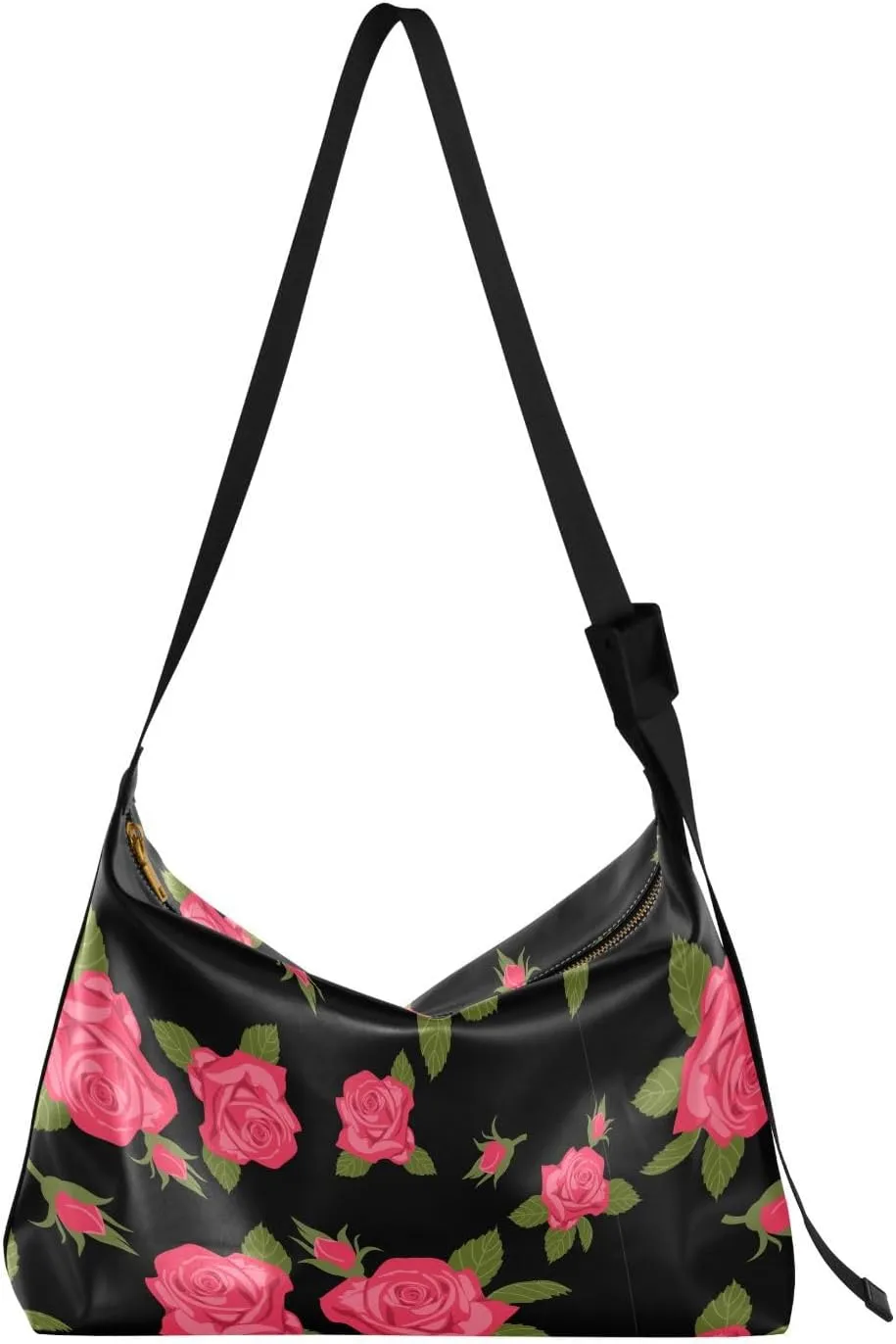 Rose Seamless Background Hobo Crossbody Bags for Women Leather Large Shoulder Bag Cross Body Pink Flower Trendy Womens Tote Bags Handbag for Travel Shopping