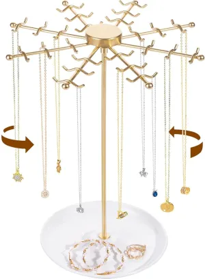 Rotating Necklace Holder Jewelry Stand, Gold Necklace Organizer Display with 48 W-shaped Hooks,Jewelry Organizer for Necklaces Earrings Rings Storage Tree, Presents for Women