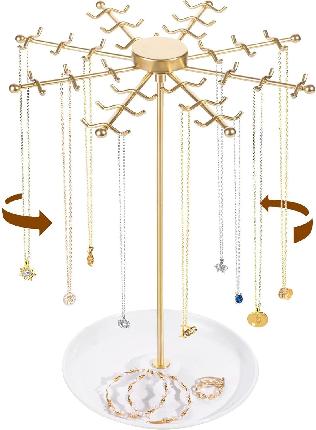 Rotating Necklace Holder Jewelry Stand, Gold Necklace Organizer Display with 48 W-shaped Hooks,Jewelry Organizer for Necklaces Earrings Rings Storage Tree, Presents for Women