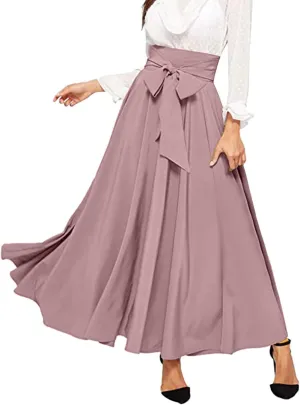 Rvidbe Women's Ankle Length Bow Tie Front High Waist A-line Flowy Long Maxi Skirt Elegant Stretchy Pleated Flared Skirts