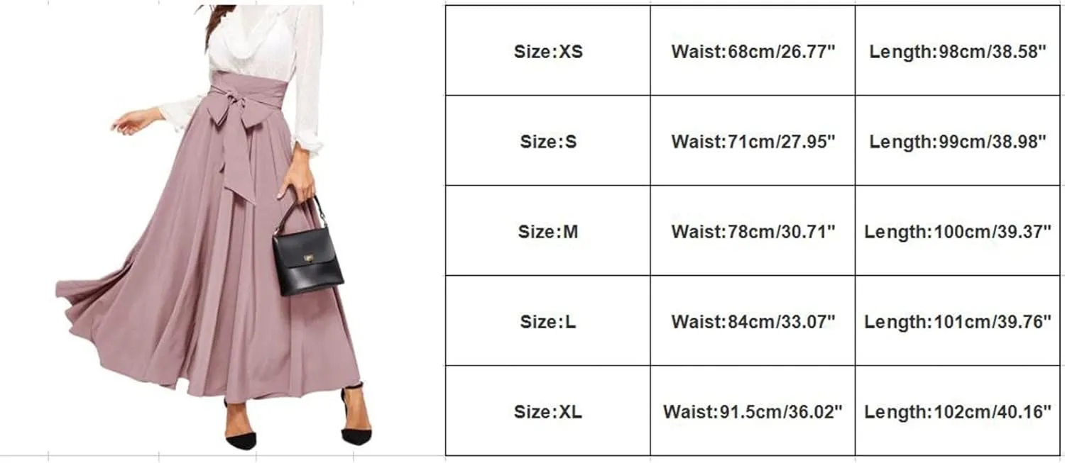 Rvidbe Women's Ankle Length Bow Tie Front High Waist A-line Flowy Long Maxi Skirt Elegant Stretchy Pleated Flared Skirts