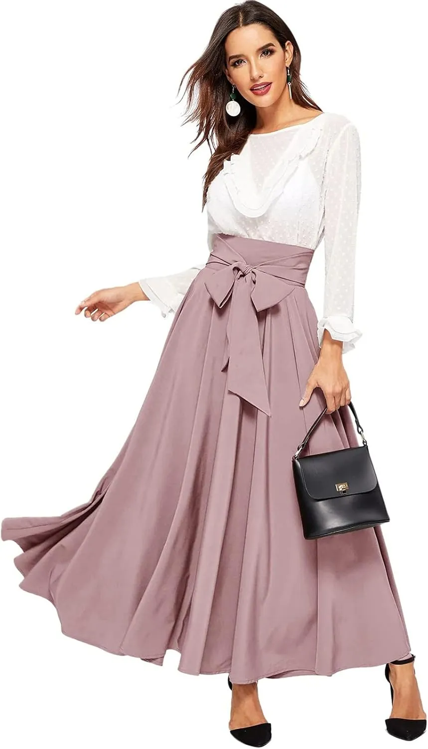 Rvidbe Women's Ankle Length Bow Tie Front High Waist A-line Flowy Long Maxi Skirt Elegant Stretchy Pleated Flared Skirts