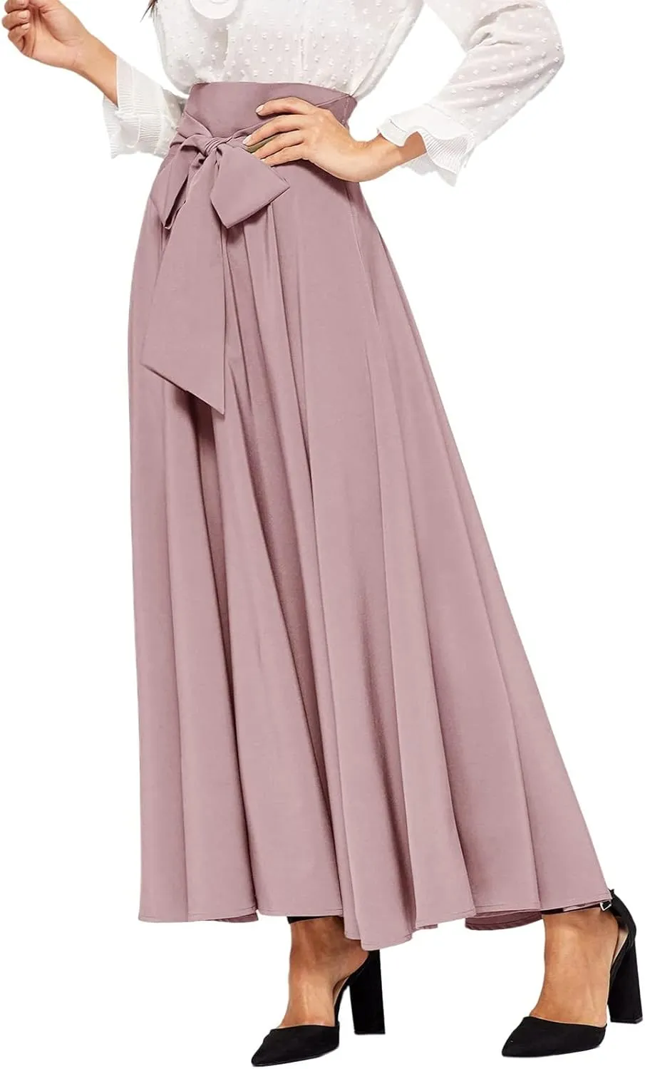 Rvidbe Women's Ankle Length Bow Tie Front High Waist A-line Flowy Long Maxi Skirt Elegant Stretchy Pleated Flared Skirts