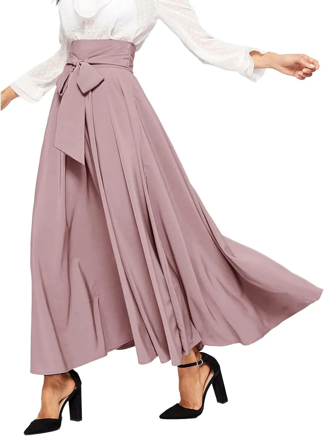 Rvidbe Women's Ankle Length Bow Tie Front High Waist A-line Flowy Long Maxi Skirt Elegant Stretchy Pleated Flared Skirts