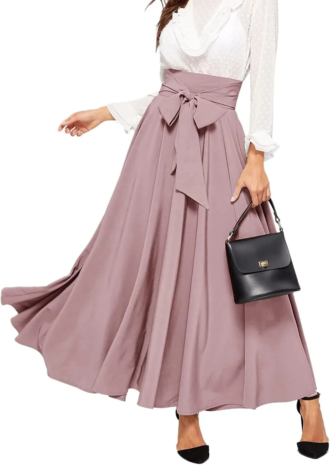 Rvidbe Women's Ankle Length Bow Tie Front High Waist A-line Flowy Long Maxi Skirt Elegant Stretchy Pleated Flared Skirts