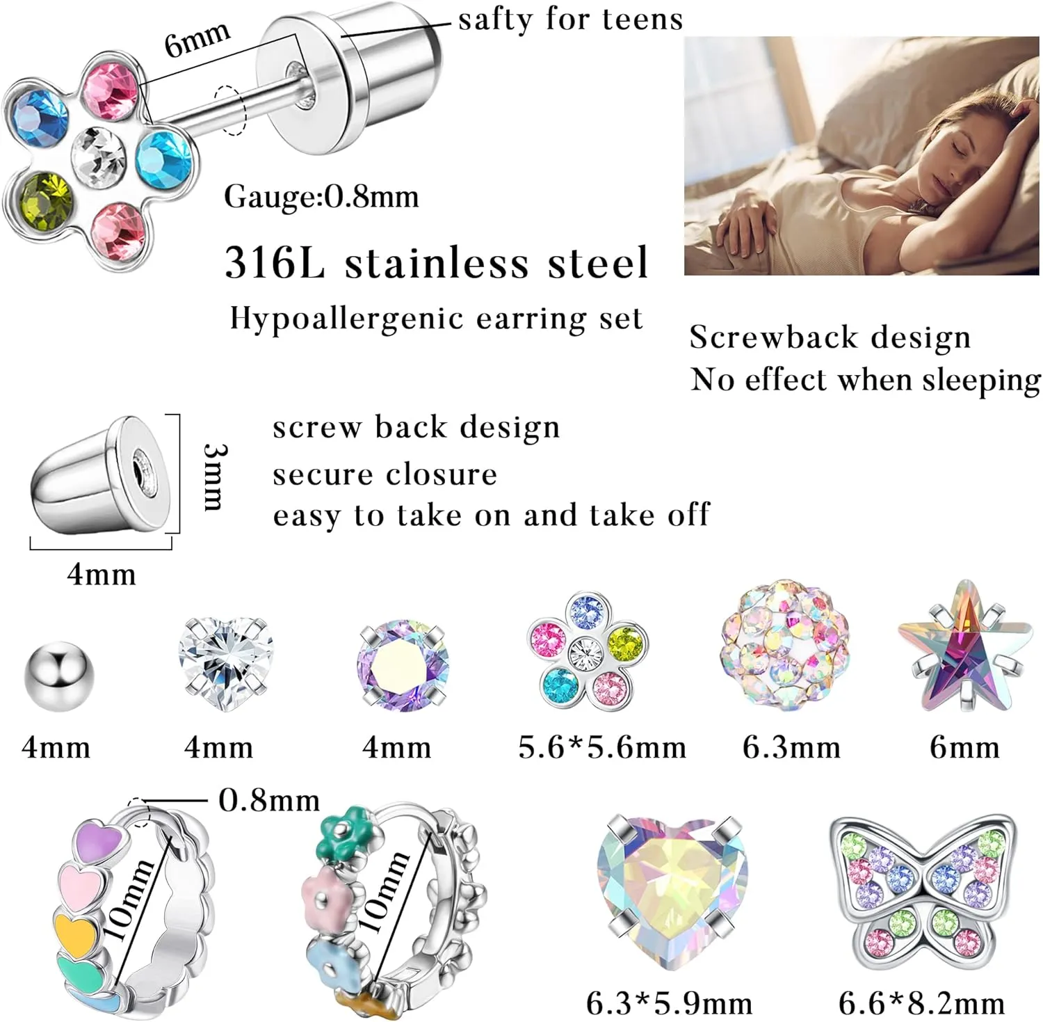 SAILIMUE Hypoallergenic Earrings for Girls Women Surgical Steel Cute Baby Kids Toddler Earrings Screw Back earring Stud Hoop Earring Set 10Pairs Christmas Gifts