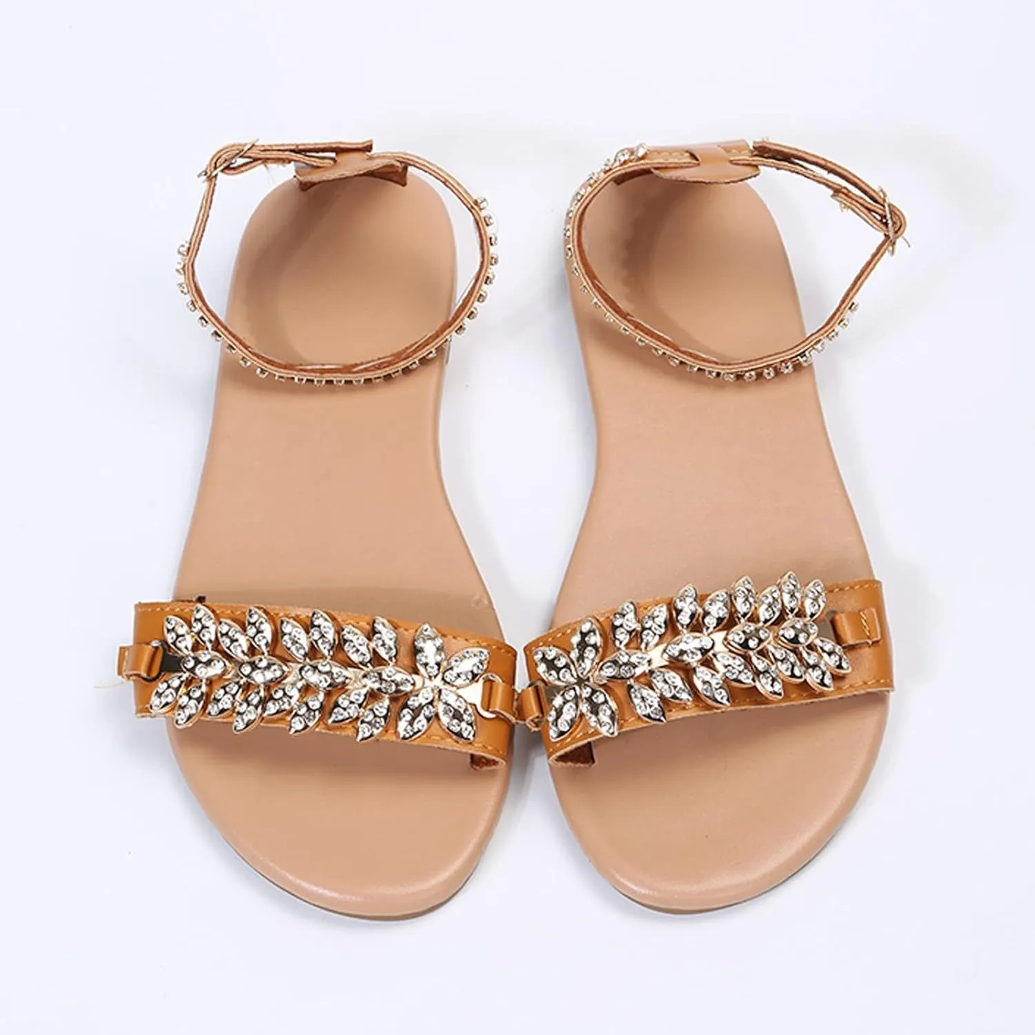 Sandals Women Comfort Flat Heel Summer Beach Sandal Slip On Casual Dress Ankle Strap Bohemian Rhinestone Sandals
