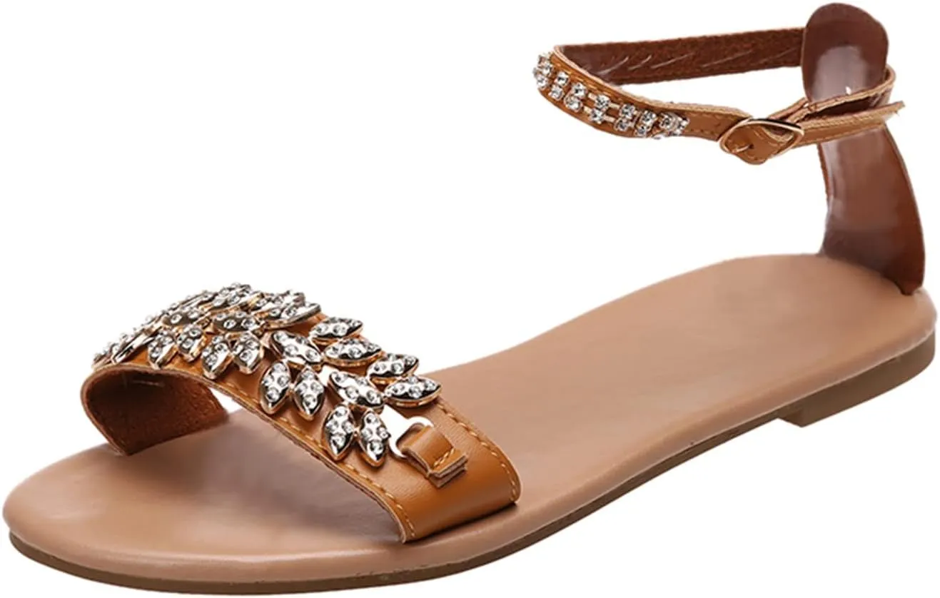Sandals Women Comfort Flat Heel Summer Beach Sandal Slip On Casual Dress Ankle Strap Bohemian Rhinestone Sandals