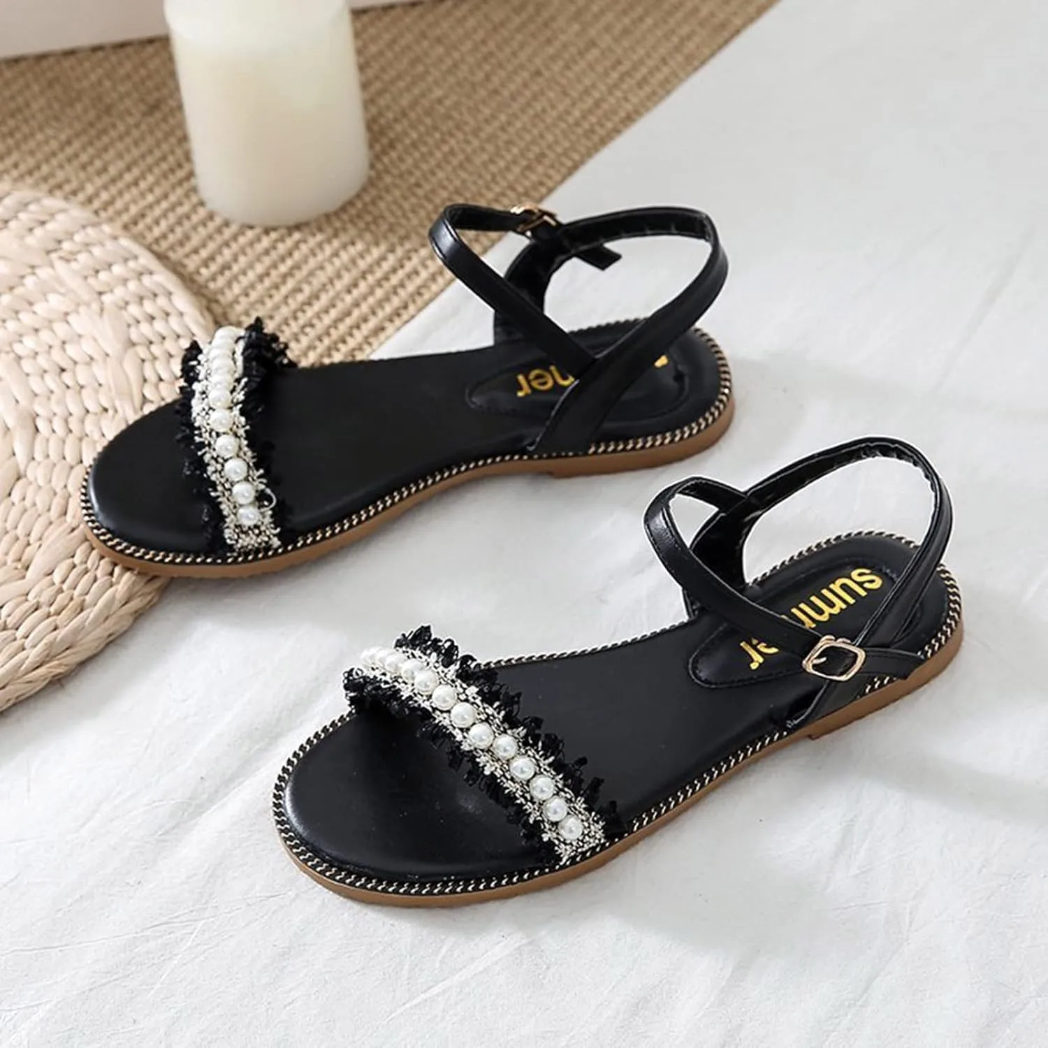 Sandals Women Comfort Flat Heel Summer Sandal Ankle Strap Pearl Bohemian Sandals Ladies Dress Sandals