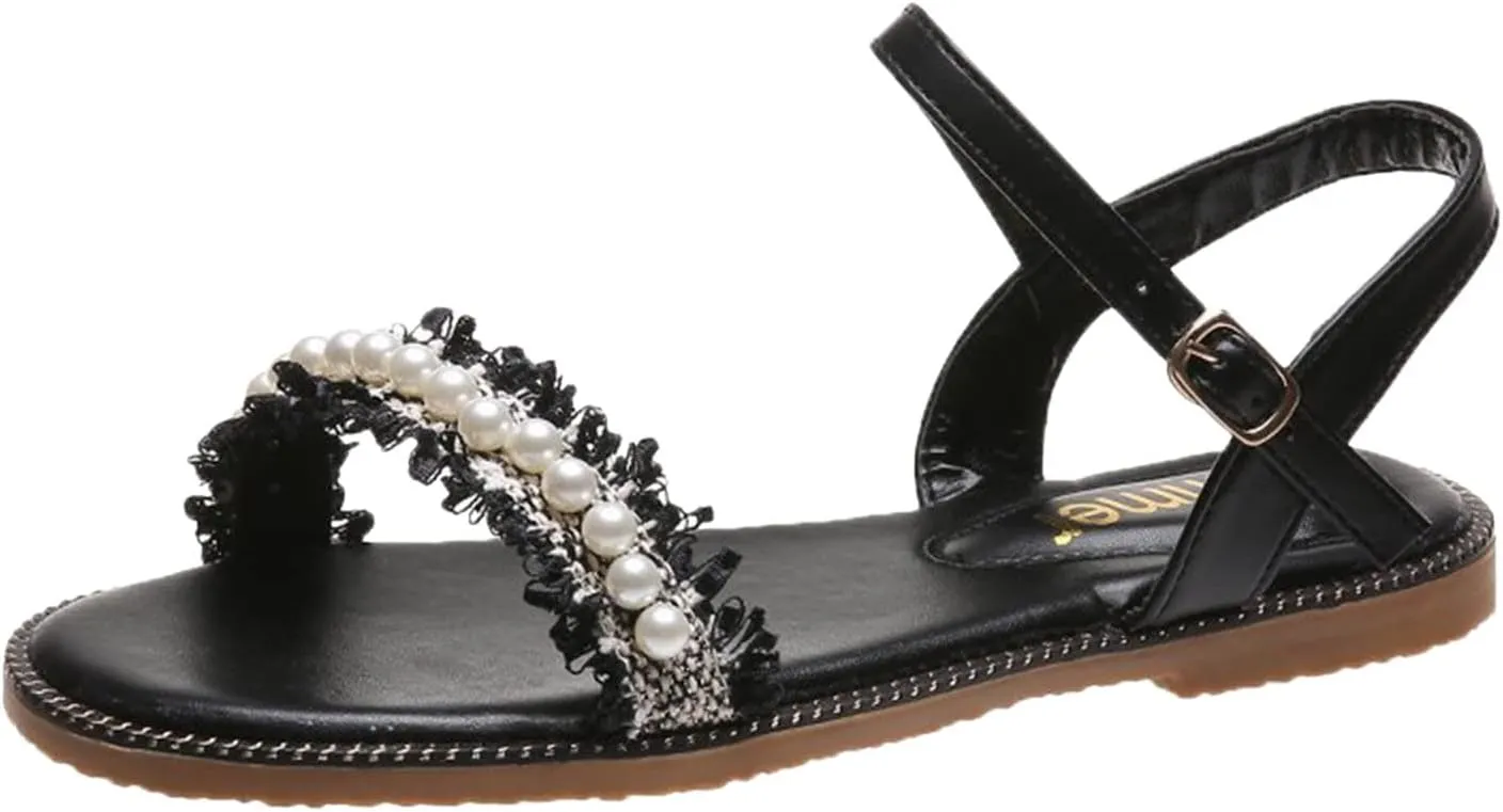 Sandals Women Comfort Flat Heel Summer Sandal Ankle Strap Pearl Bohemian Sandals Ladies Dress Sandals