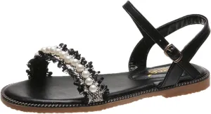 Sandals Women Comfort Flat Heel Summer Sandal Ankle Strap Pearl Bohemian Sandals Ladies Dress Sandals