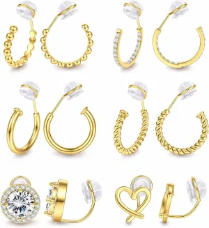Sanfenly Clip On Earrings for Women 14K Gold Plated Non Pierced Gold Clip On Hoops Earrings Small Cute Chunky CZ Heart Adjustable No Piercing Earring Hypoallergenic Fake Earrings Set12 Pcs Gold/Silver