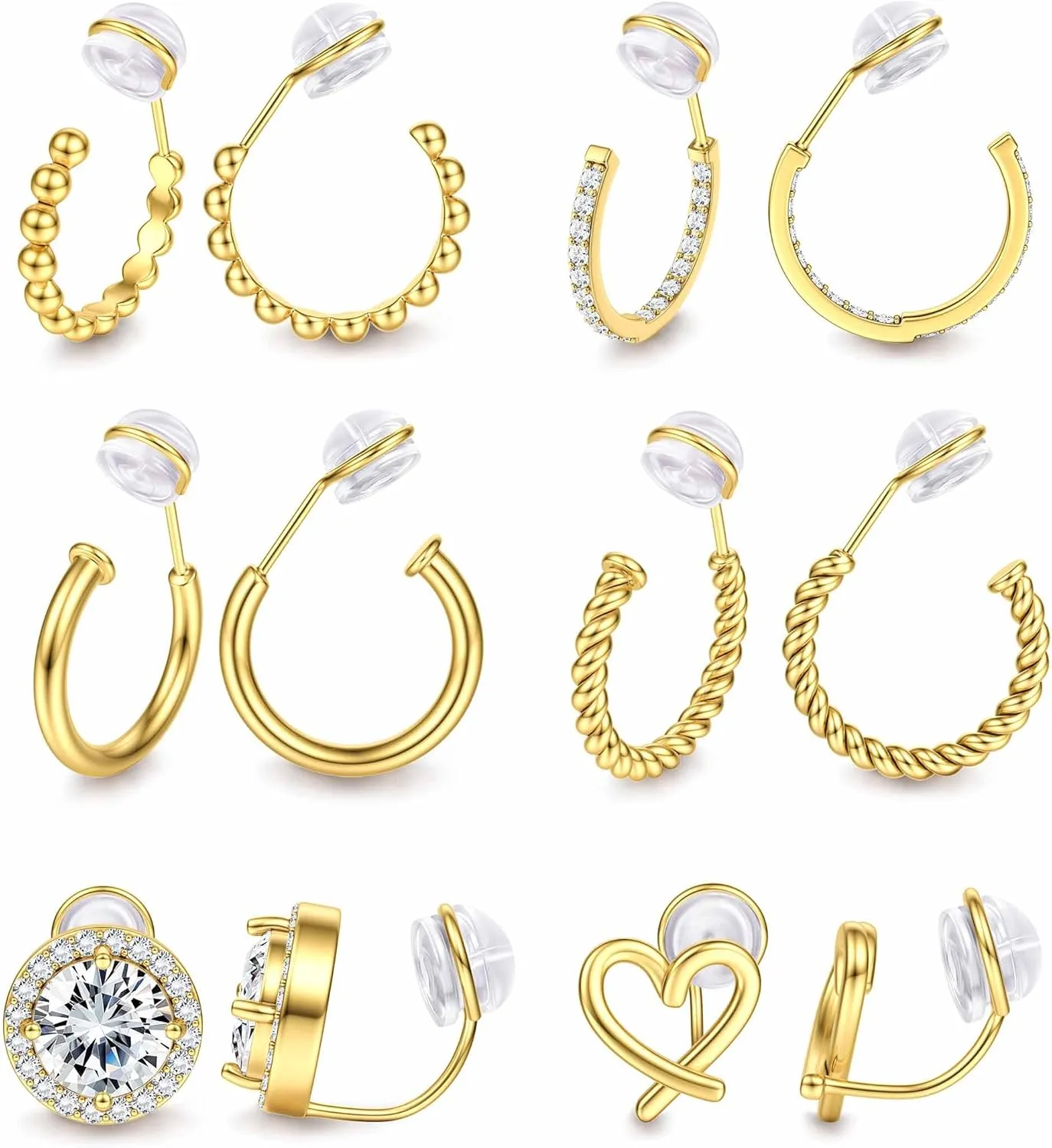 Sanfenly Clip On Earrings for Women 14K Gold Plated Non Pierced Gold Clip On Hoops Earrings Small Cute Chunky CZ Heart Adjustable No Piercing Earring Hypoallergenic Fake Earrings Set12 Pcs Gold/Silver