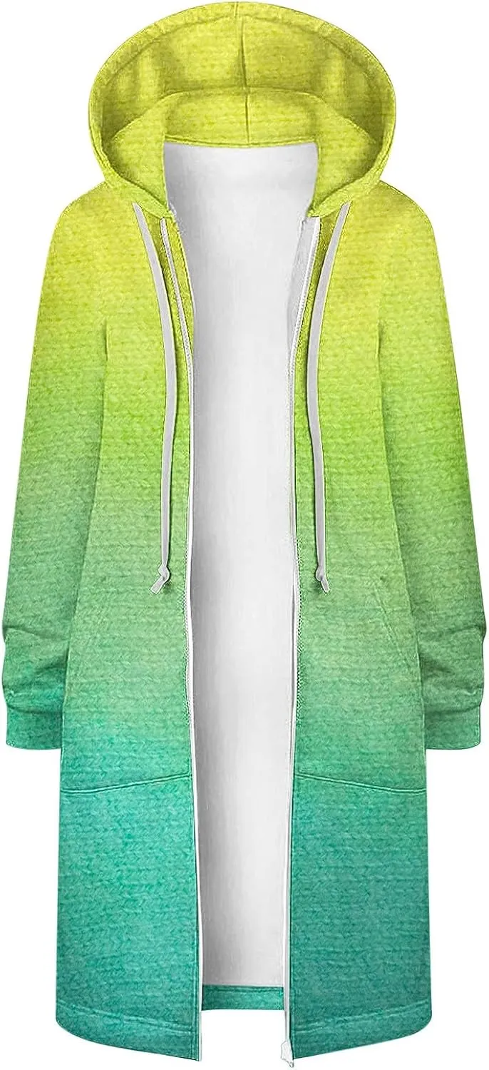 Scrub Jackets for Woman Gradient Drawstring Hooded Sweatshirt Long Sleeve Zipper Cardigan Jacket Winter Coat Pockets