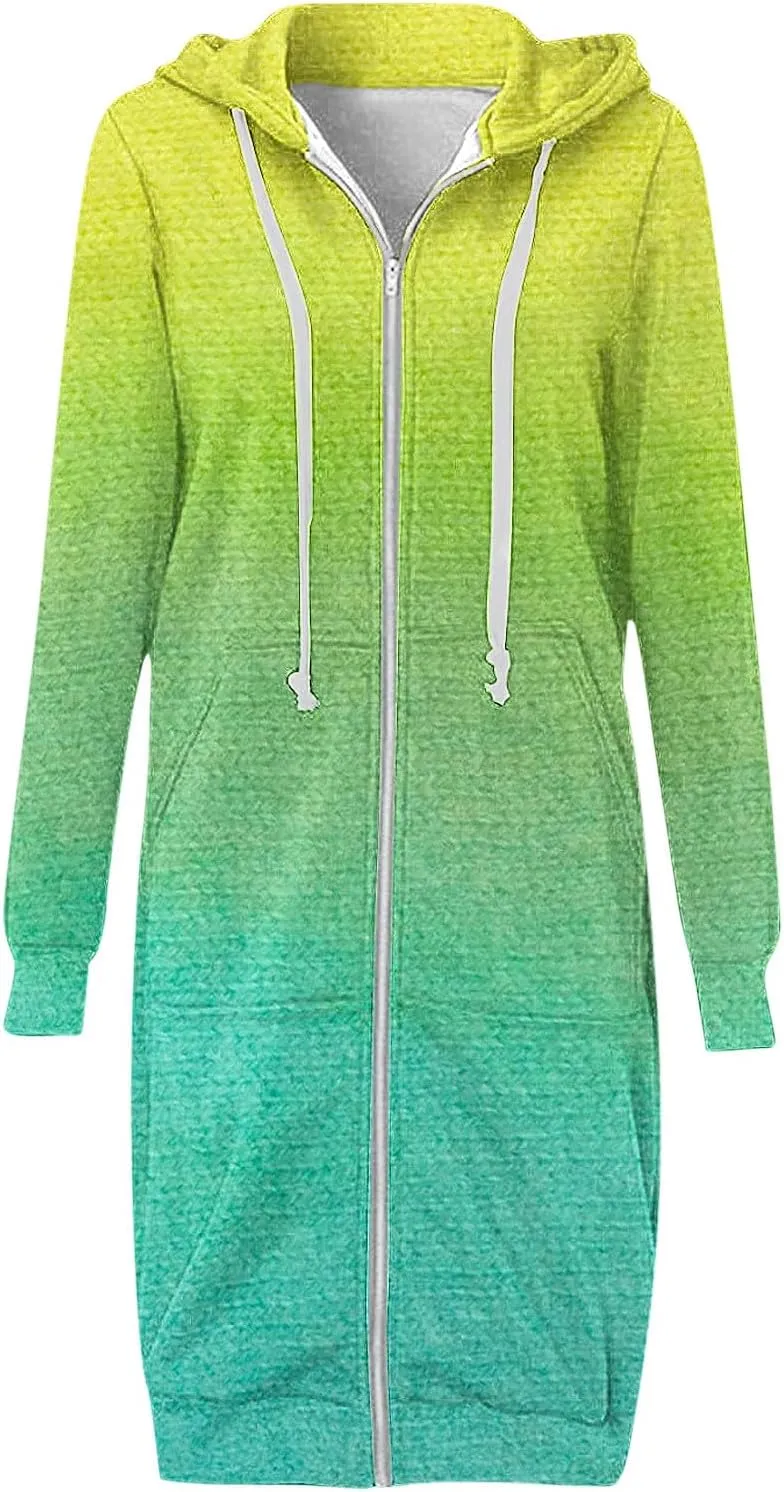 Scrub Jackets for Woman Gradient Drawstring Hooded Sweatshirt Long Sleeve Zipper Cardigan Jacket Winter Coat Pockets