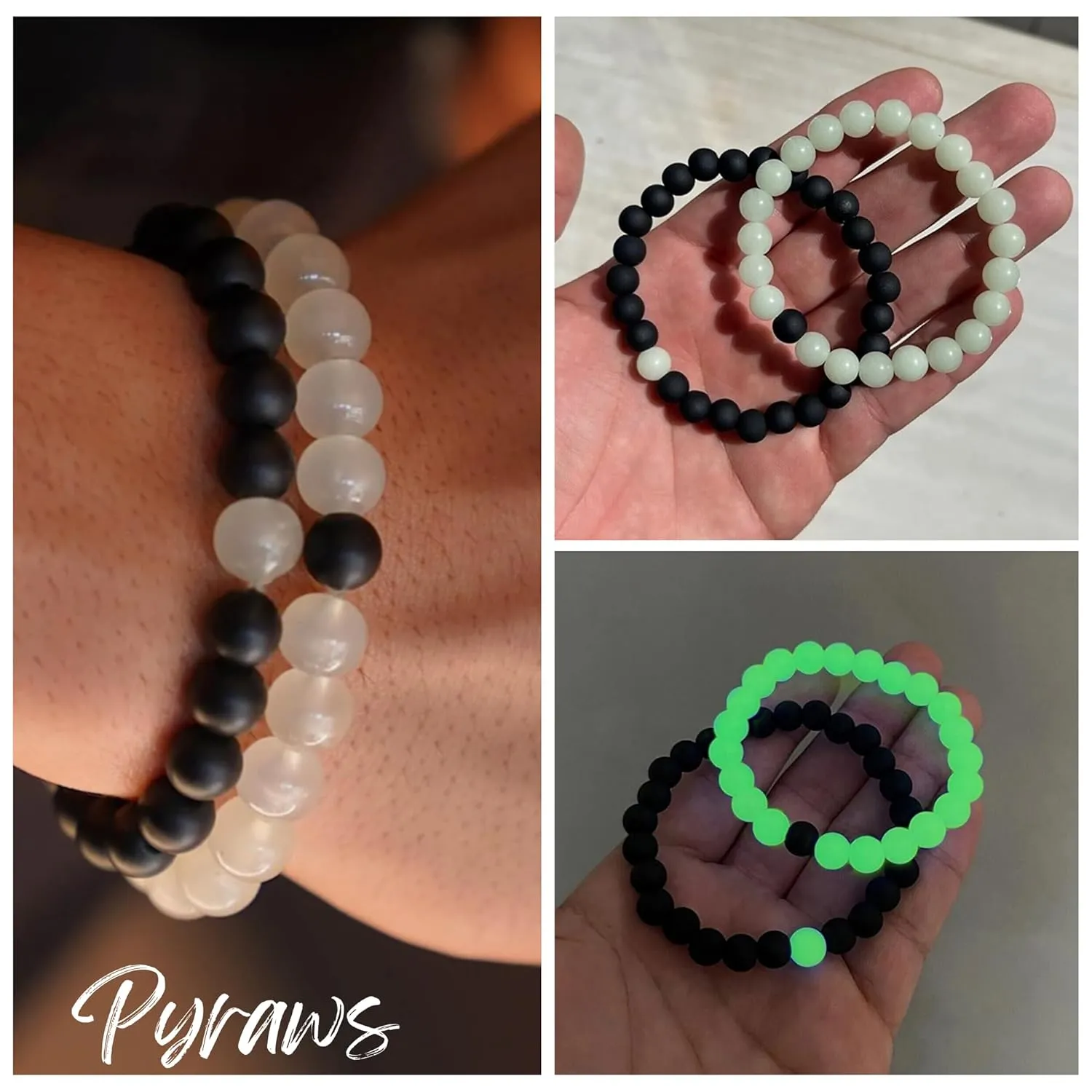 Set Of 2 Couples Matching Bracelets | Yin Yang His and Her Lover | Unique 8mm Luminous Charm Black & White Bracelet Fashion Jewelry for Women Men Bff Friendship Boyfriend Girlfriend Relationship Gift