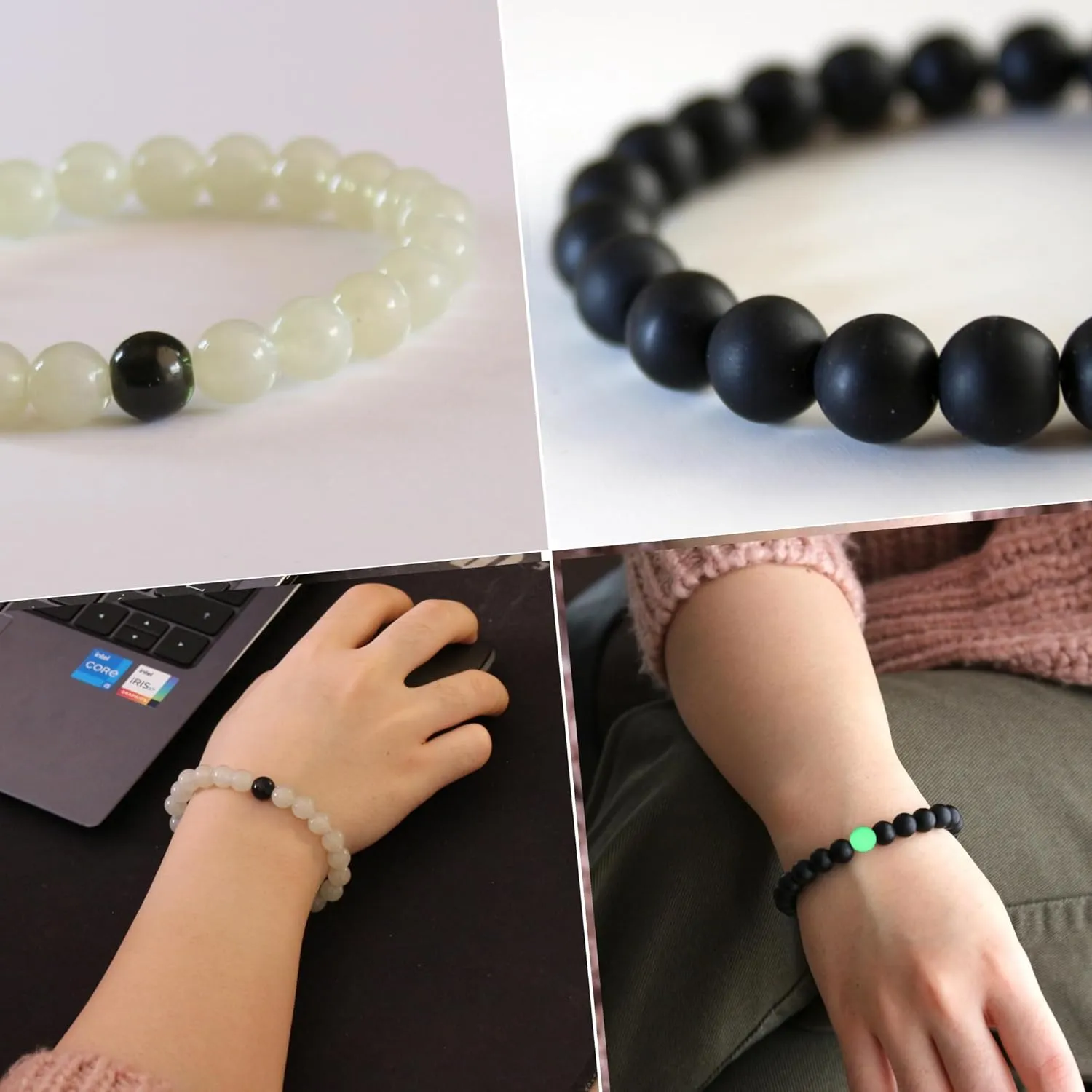 Set Of 2 Couples Matching Bracelets | Yin Yang His and Her Lover | Unique 8mm Luminous Charm Black & White Bracelet Fashion Jewelry for Women Men Bff Friendship Boyfriend Girlfriend Relationship Gift
