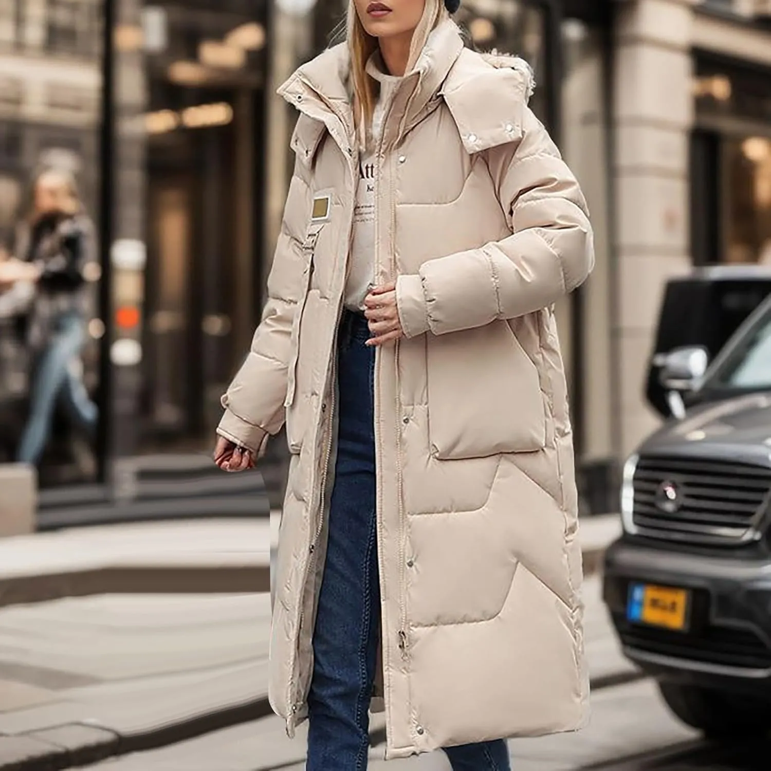 SHAOBGE Women Jacket Winter Fashion Solid Color Detachable Hooded Medium Length Over The Knee Thickened Down Coat with