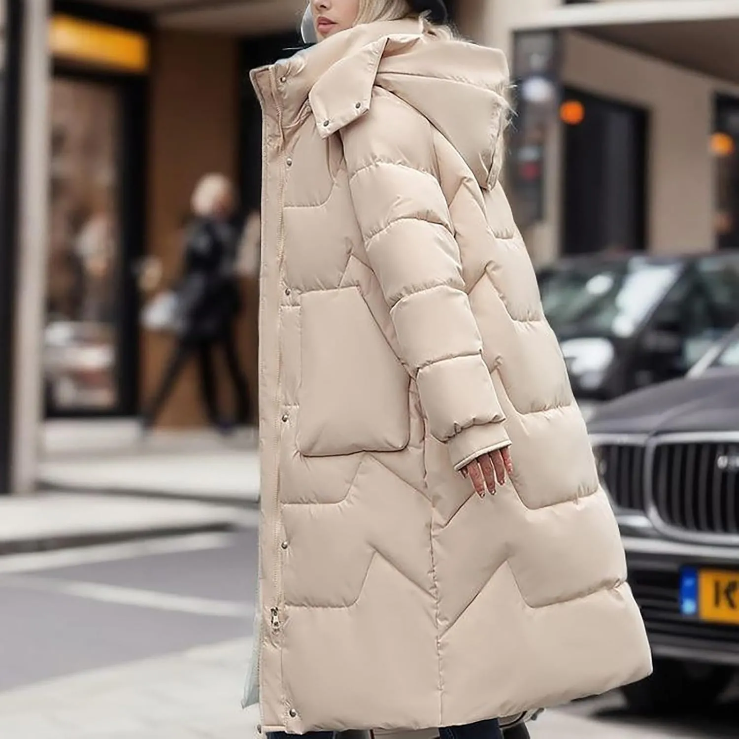SHAOBGE Women Jacket Winter Fashion Solid Color Detachable Hooded Medium Length Over The Knee Thickened Down Coat with