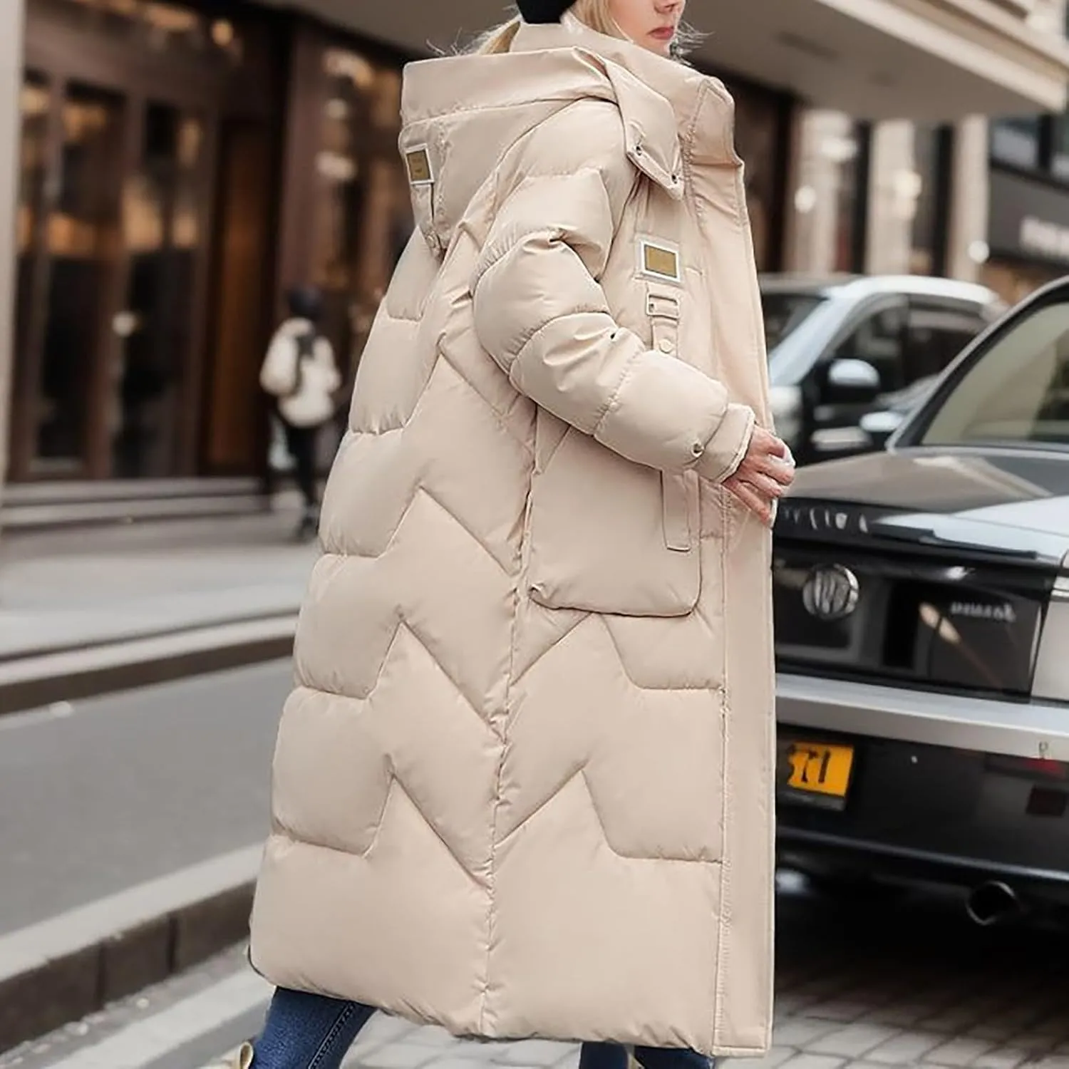 SHAOBGE Women Jacket Winter Fashion Solid Color Detachable Hooded Medium Length Over The Knee Thickened Down Coat with